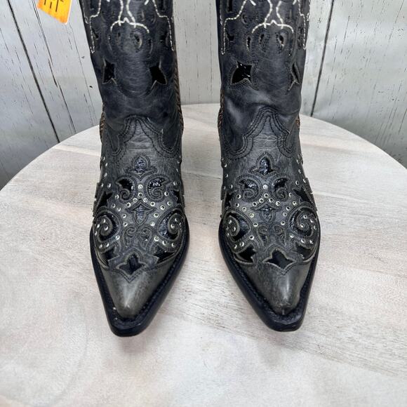 CORRAL Womens Tall Cowboy Boots 9 M Black Studded Overlay Crystal Boot C3934 NWT - Picture 3 of 13